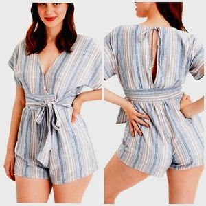 AMERICAN EAGLE Blue Stripe Linen Blend Slub Kimono Sleeve Romper Size Large